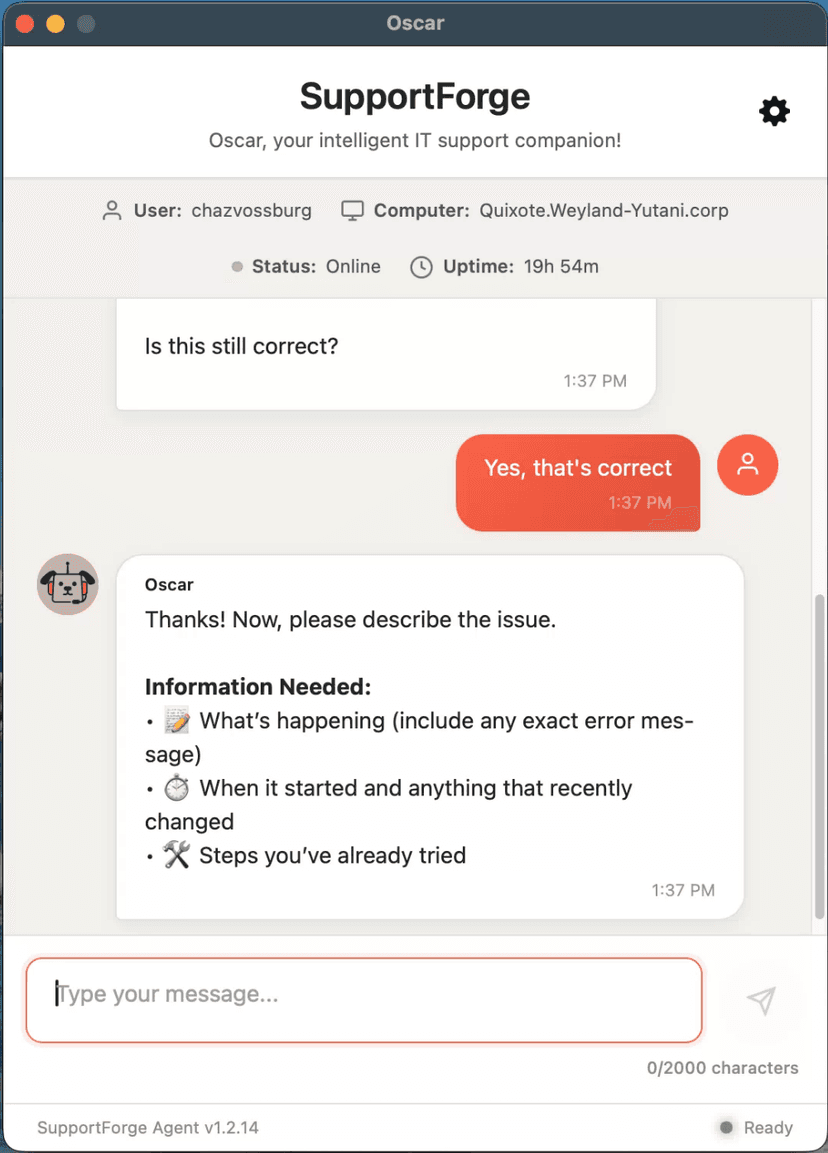 SupportForge Desktop Agent on macOS with Oscar AI assistant