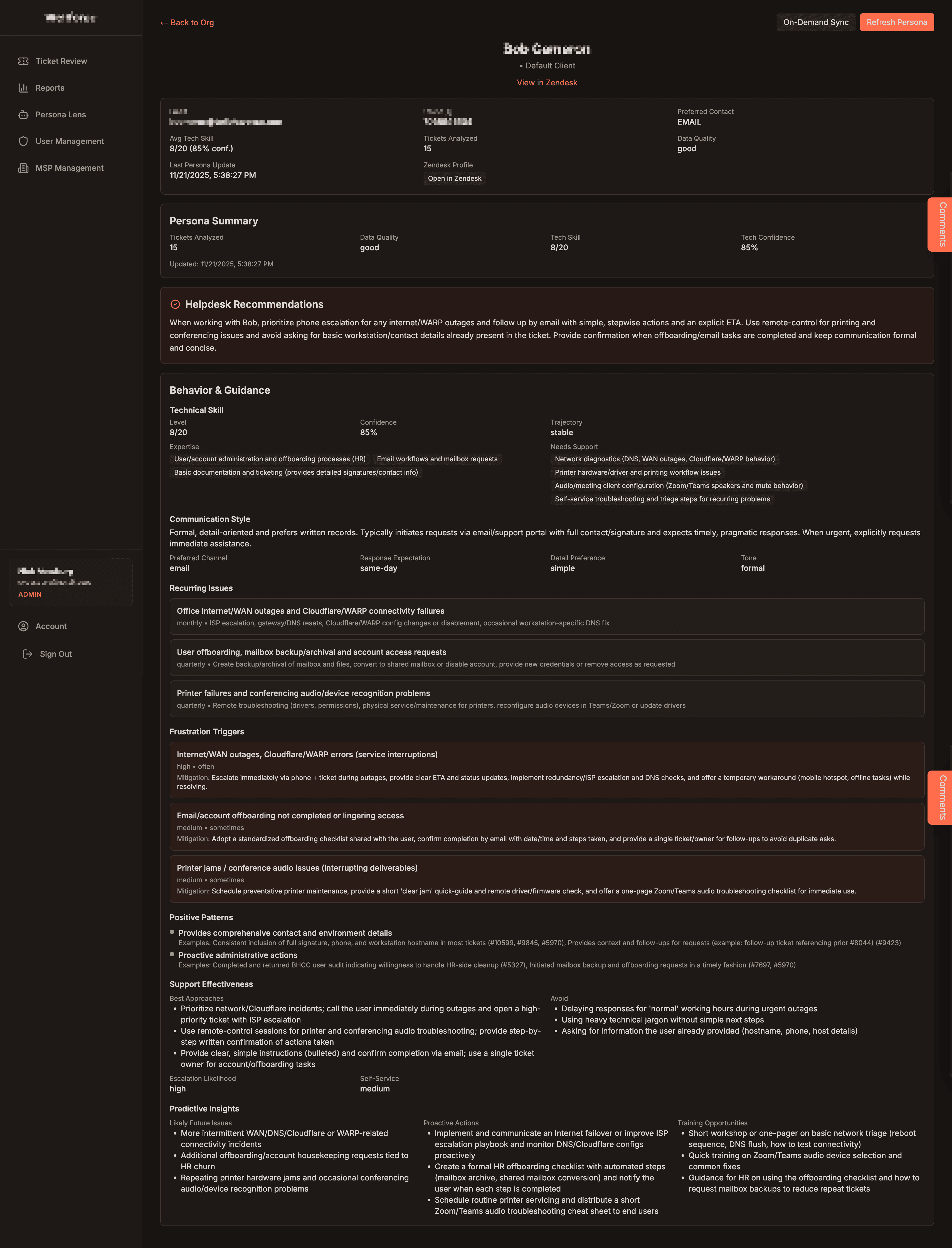 SupportForge Persona Lens showing AI-generated user profile with technical skill assessment, communication style, and recurring issues